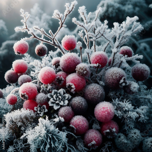 Frozen berries and vibrant cranberries scattered across frost-covered white mosses and lichens in a magical winter elven forest, exuding a serene.