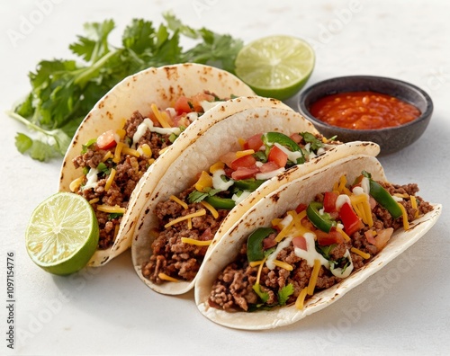 Delicious beef tacos served with fresh salsa and lime on a white plate photo