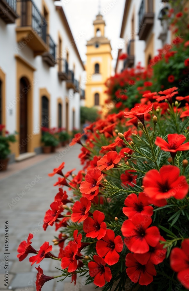 Andalusian street Cordoba Spain. Red geraniums bloom on balcony. Yellow white buildings. Bright flowers. Traditional Spanish architecture. Summer travel. Urban beauty. Vibrant floral display. Andalusian street Cordoba Spain. Red geraniums bloom on balcony. Yellow white buildings. Bright flowers. Traditional Spanish architecture. Summer travel. Urban beauty. Vibrant floral display.