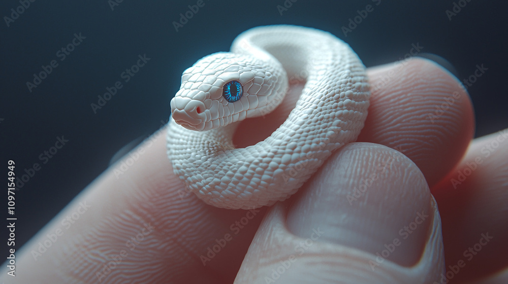Fototapeta premium Tiny White Snake Held in Human Fingers