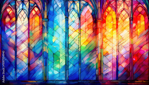 A soft watercolor depiction of stained glass windows in a cathedral, featuring rich reds, blues, and greens, creating a warm and inviting glow that enhances the sacred atmosphere.
