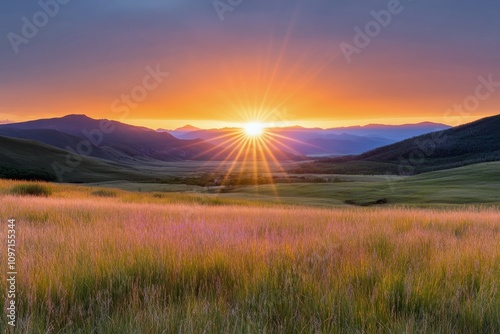 Sunlight glimmers over a field of grass during golden hour in the countryside