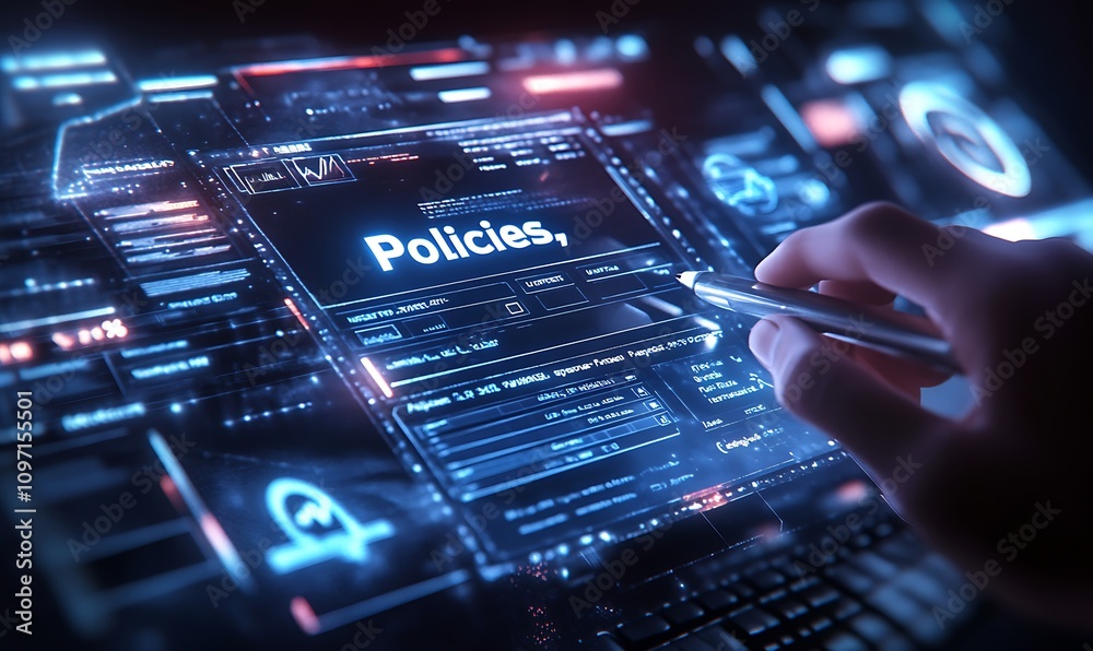 Policy documentation and compliance concept. A person reviews digital document labeled Policy documentation and compliance concept. A person reviews digital document labeled