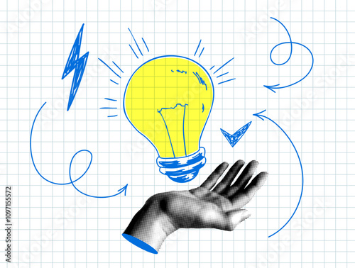 Modern collage. Halftone hand and light bulb. Idea concept. Creative thinking in business. Inspiration, intelligence, knowledge accumulation