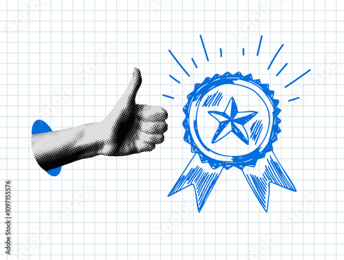 Modern collage. Halftone hand with thumbs up and quality assurance medal. Doodle style quality guarantee with star and ribbon. High quality rating
