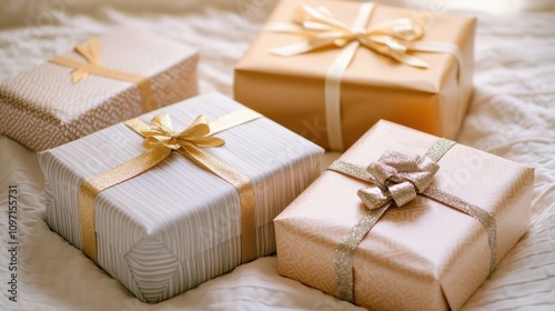 Elegant Gold And Gray Wrapped Presents On Bed