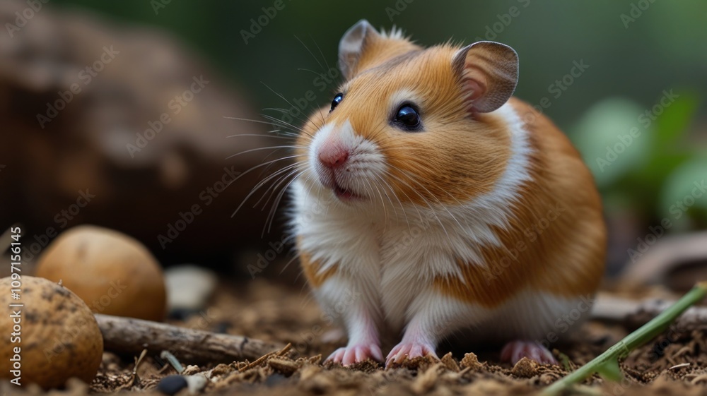 Cute hamster sitting on ground near nuts.