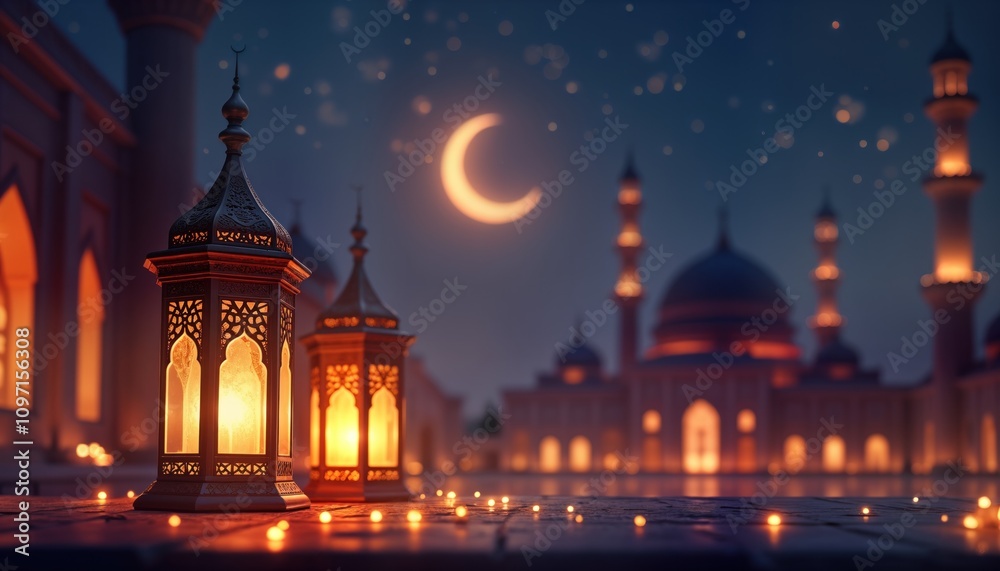Fototapeta premium Ramadan lanterns illuminate mosque courtyard. Night scene. Crescent moon. Islamic celebration. Arabian culture. Festive lights. Holy month. Muslim tradition. Eid greeting card design. Faith background