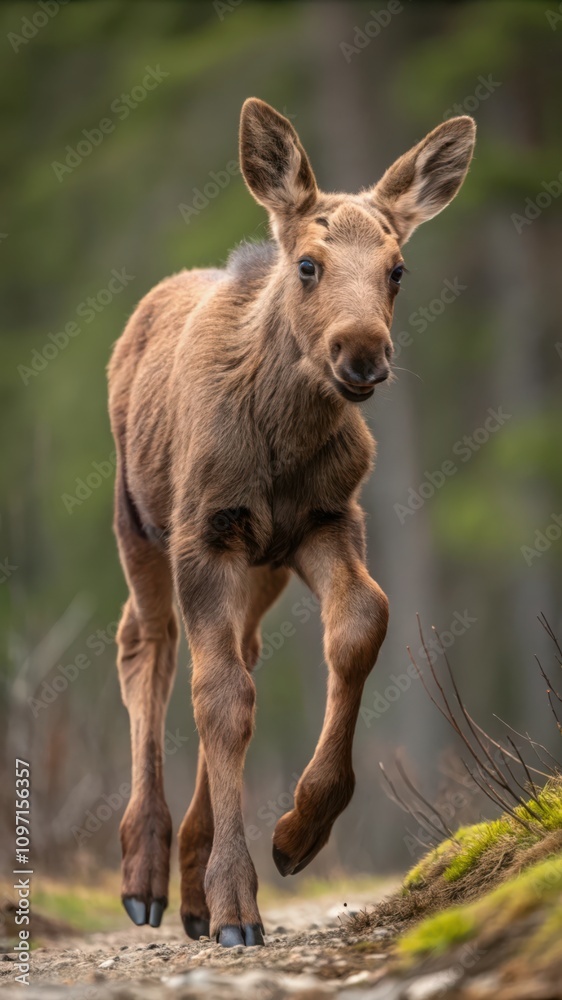 Moose Calf Walking Along a Forest Path in Early Sunlight. Generative AI Moose Calf Walking Along a Forest Path in Early Sunlight. Generative AI
