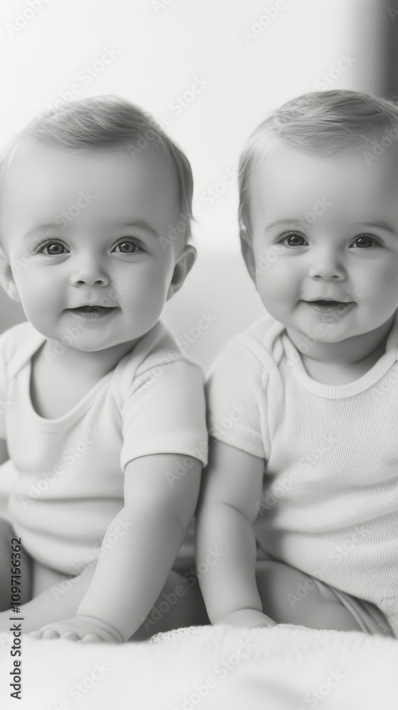 Two babies sitting side by side in white outfits on a light background Two babies sitting side by side in white outfits on a light background