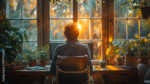 person with disabilities in a wheelchair works in an office modern business finance