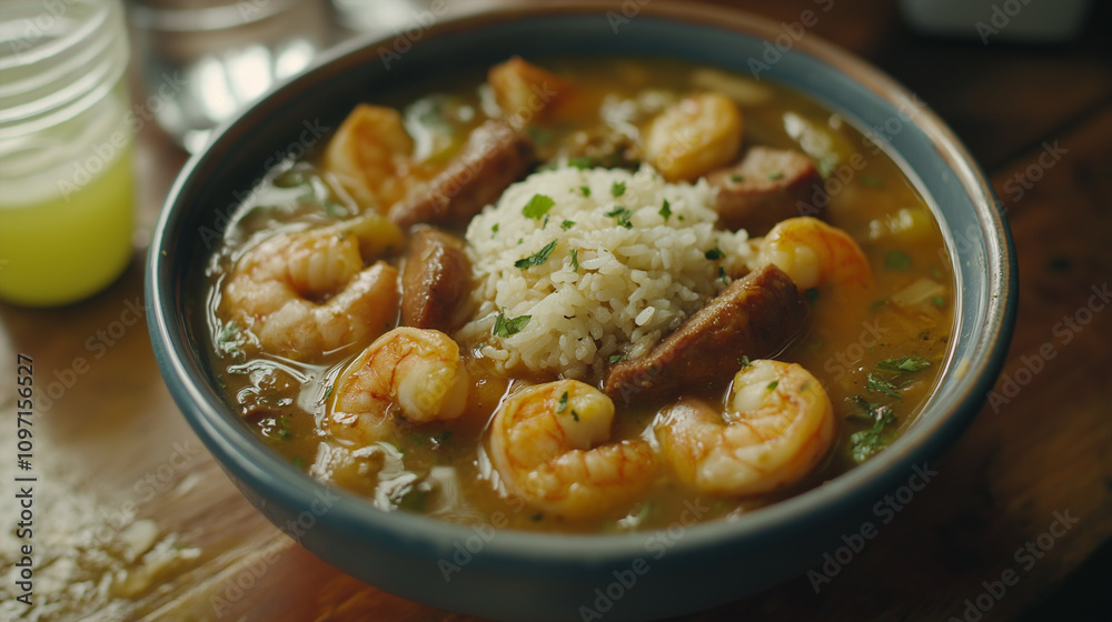 Traditional Louisiana Gumbo with Shrimp, Sausage, Rice, and Herbs Traditional Louisiana Gumbo with Shrimp, Sausage, Rice, and Herbs