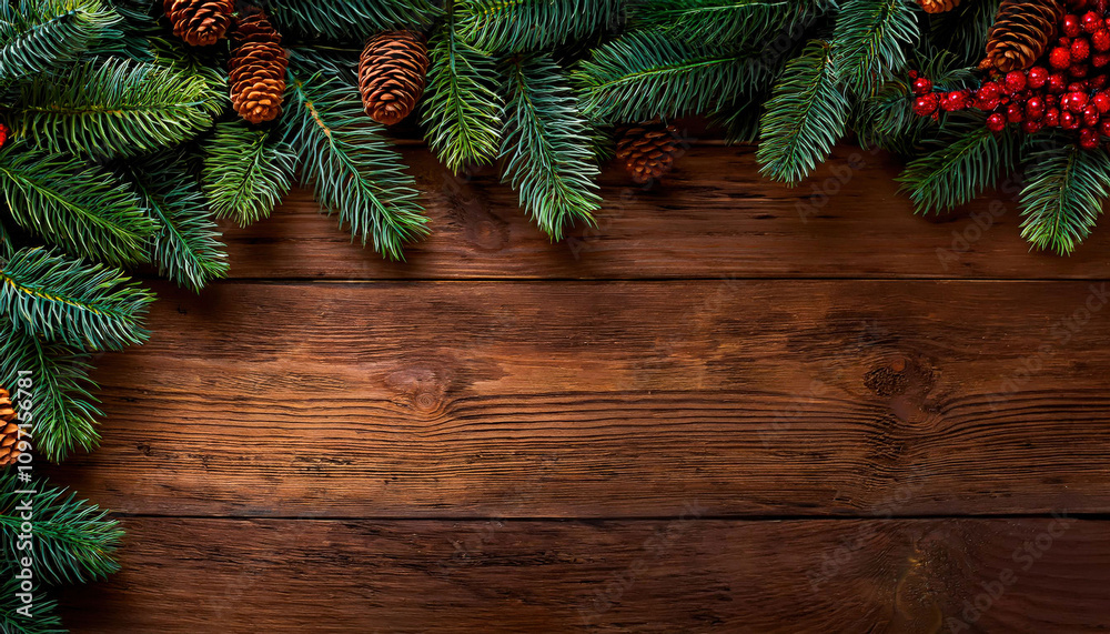 A festive Christmas banner featuring lush fir branches adorned with subtle decorations, providing a perfect space for personalized text, evoking holiday cheer and warmth. A festive Christmas banner featuring lush fir branches adorned with subtle decorations, providing a perfect space for personalized text, evoking holiday cheer and warmth.