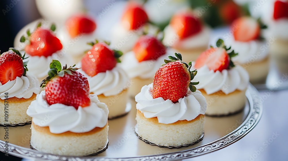 Freshly Decorated Strawberry Cupcakes with Whipped Cream on Decorative Tray : Generative AI Freshly Decorated Strawberry Cupcakes with Whipped Cream on Decorative Tray : Generative AI