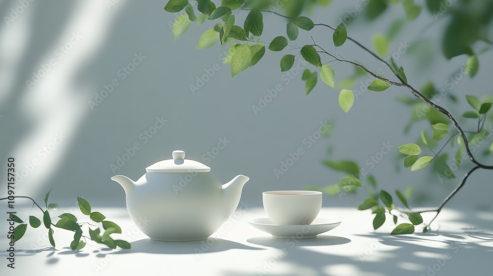 Serene tea setting with teapot and cup surrounded by soft natural light Serene tea setting with teapot and cup surrounded by soft natural light