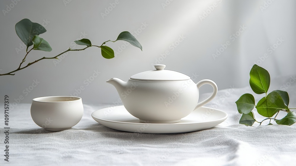 Serene tea setting with teapot and cup surrounded by soft natural light Serene tea setting with teapot and cup surrounded by soft natural light