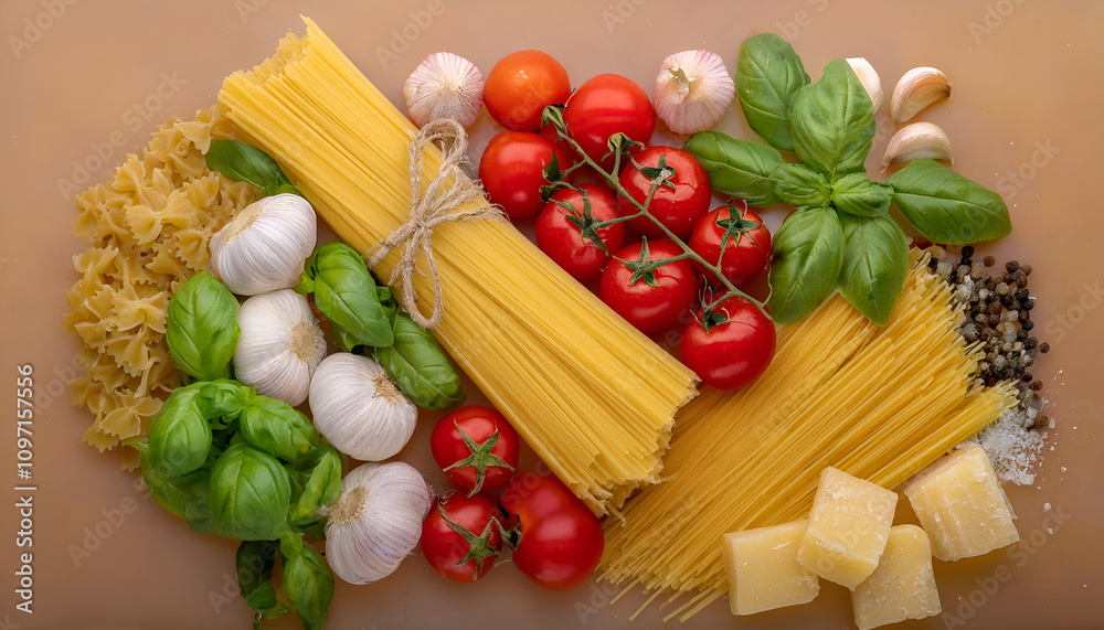 A vibrant display of fresh Italian ingredients including pasta, tomatoes, parmesan, olive oil, perfect for creating a delicious homemade meal. Enhances culinary inspiration and Mediterranean cooking A vibrant display of fresh Italian ingredients including pasta, tomatoes, parmesan, olive oil, perfect for creating a delicious homemade meal. Enhances culinary inspiration and Mediterranean cooking