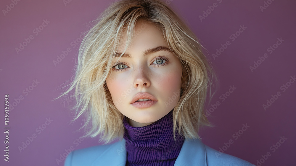 Elegant Blonde Girl in Violet Clothing, Purple Backdrop