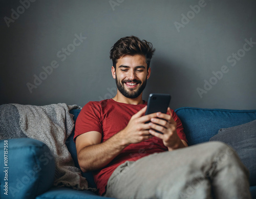 Young man wears red t-shirt hold in hand use mobile cell phone sit on blue sofa couch stay at home hotel flat rest relax spend free spare time in living room indoors grey wall. People lounge concept