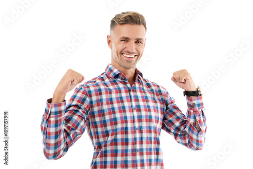 Happy mature man isolated on white. Success of happy man in checkered shirt. Celebrating success. Successful man portrait. Expressing happiness and success