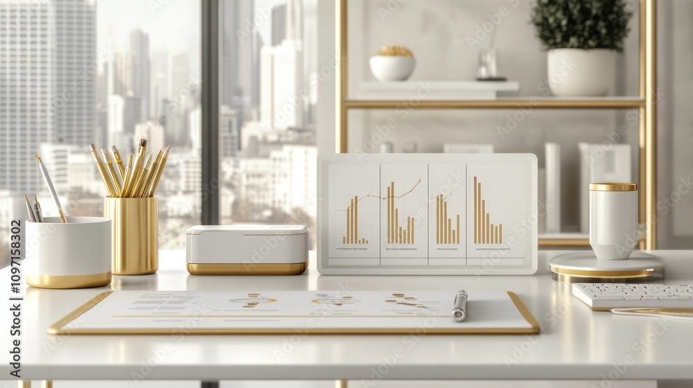 A modern workspace featuring charts, stationery, and a clean design for productivity. A modern workspace featuring charts, stationery, and a clean design for productivity.