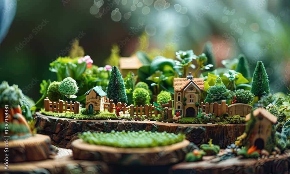Woman s hands building a green miniature world with vegetables and wood for articulated wooden dolls. Woman s hands building a green miniature world with vegetables and wood for articulated wooden dolls.