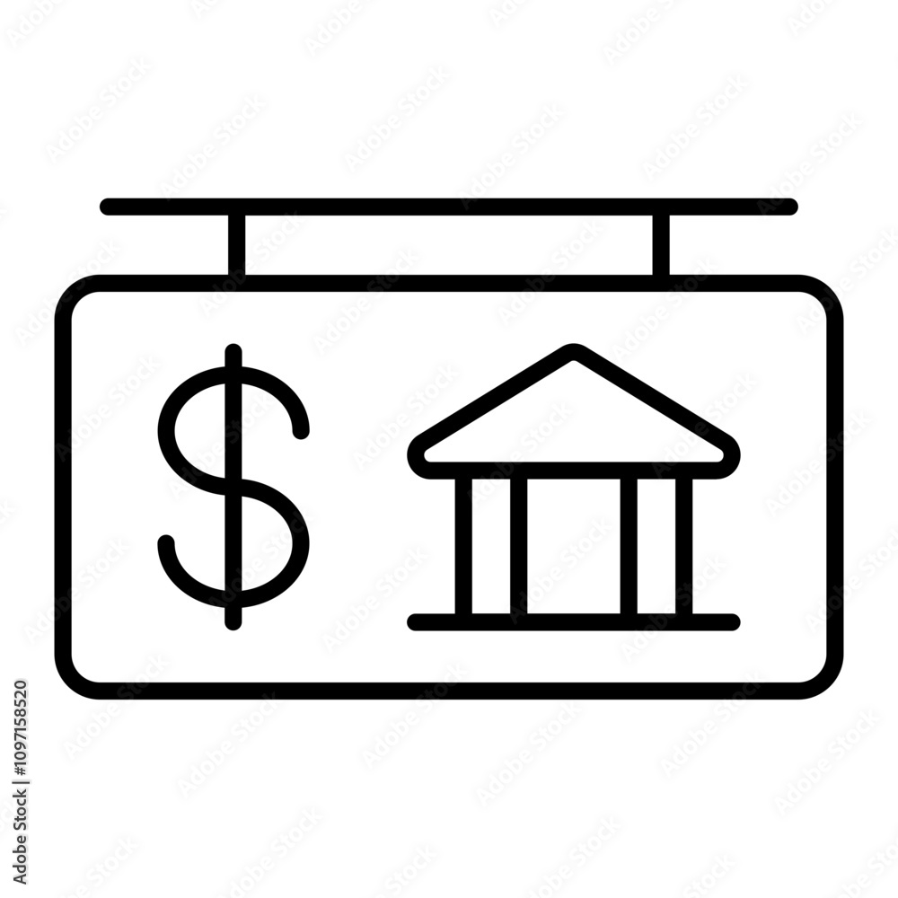 Bank Signage Icon with Hanging Sign and Bank Logo or Dollar Sign Bank Signage Icon with Hanging Sign and Bank Logo or Dollar Sign
