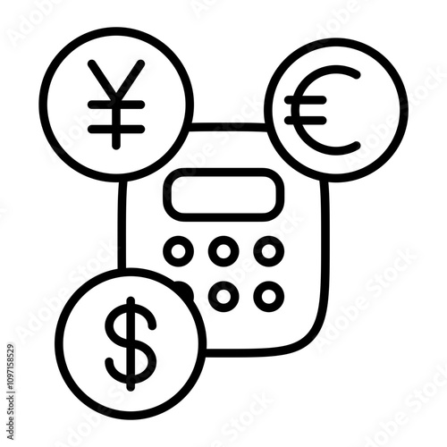 Currency Conversion Icon with Calculator and Various Currency Symbols