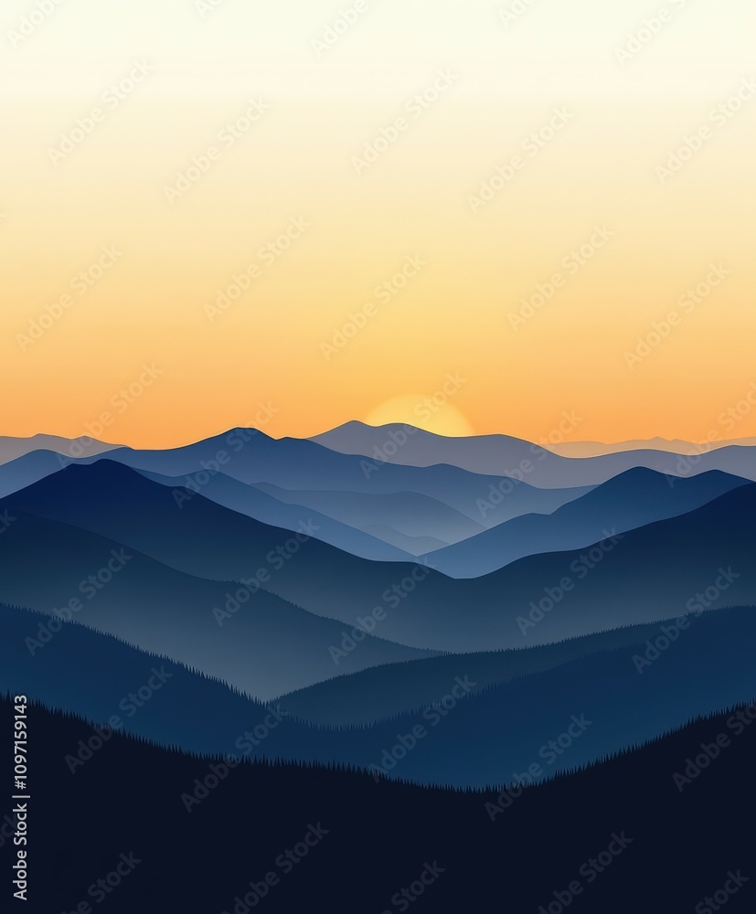 Stunning view of blue mountains under a sunset sky in serene landscape Stunning view of blue mountains under a sunset sky in serene landscape