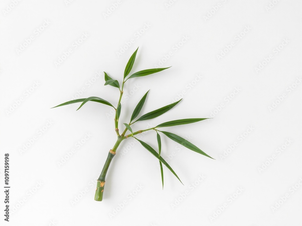 Fototapeta premium single bamboo stem with long, narrow green leaves, simple and modern, resting on a clean white background. Soft shadows, no text.