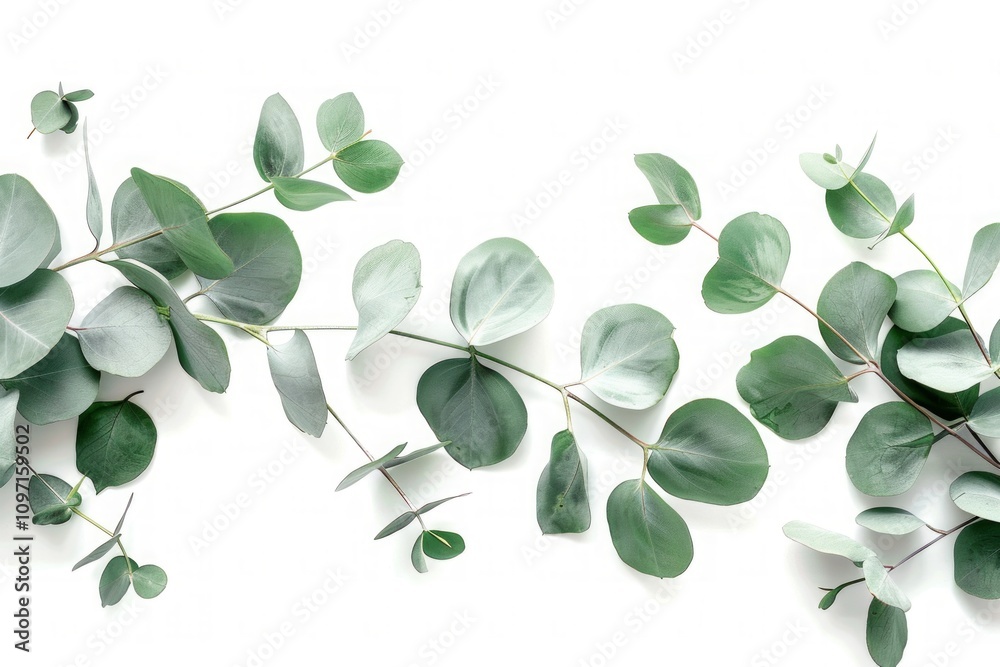 Obraz premium Eucalyptus branches with green leaves and buds in a botanical watercolor style. Detailed botanical illustration for design and print. Ayurveda, ayurvedic herbs, Generative AI