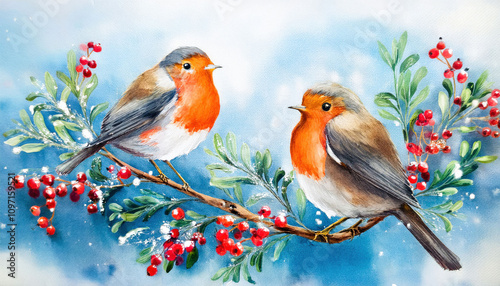 A charming watercolor illustration featuring a pair of robins perched on a branch, beautifully adorned with mistletoe and bright red berries, evoking a festive holiday spirit