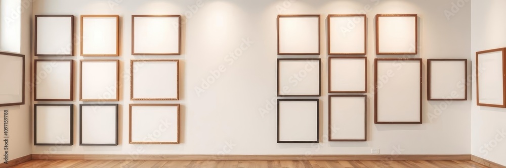 A collection of hanging gallery frames mockups in various sizes and styles, perfect for showcasing artwork and photography, gallery, artwork, creativity