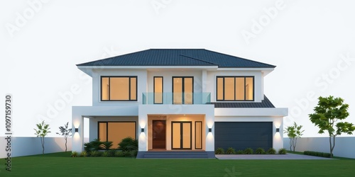 Abstract rendering of a modern house with clean lines and geometric shapes, facade, rendering, contemporary