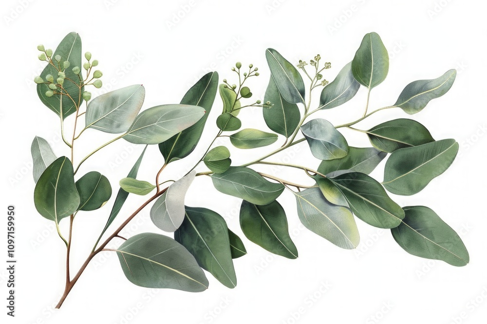 Eucalyptus branches with green leaves and buds in a botanical watercolor style. Detailed botanical illustration for design and print. Ayurveda, ayurvedic herbs, Generative AI Eucalyptus branches with green leaves and buds in a botanical watercolor style. Detailed botanical illustration for design and print. Ayurveda, ayurvedic herbs, Generative AI