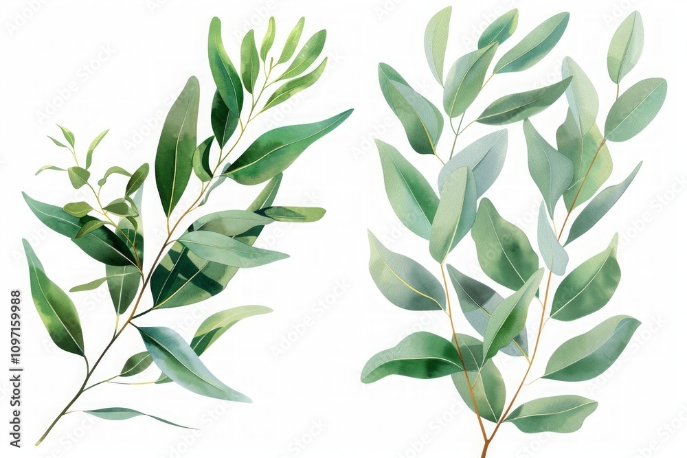 Obraz premium Eucalyptus branches with green leaves and white seed pods isolated on a white background. Watercolor botanical illustration for design and print. Ayurveda, ayurvedic herbs, Generative AI