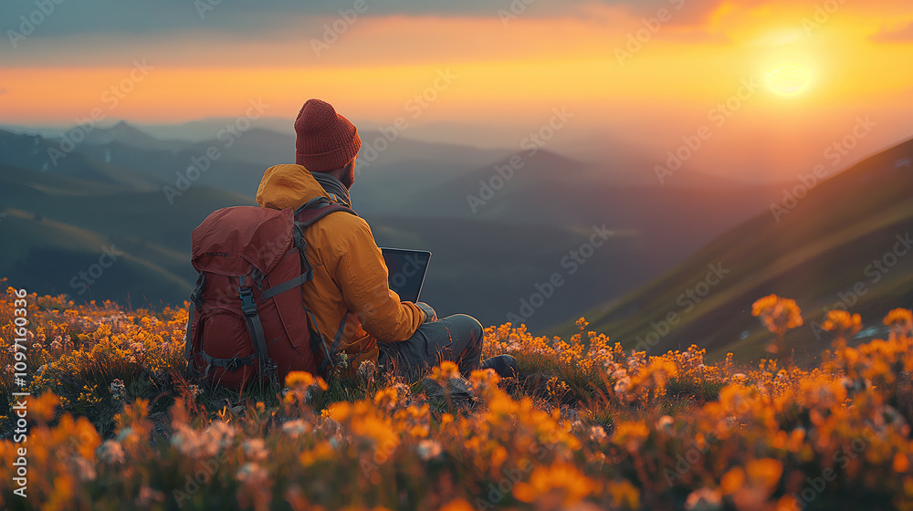 Fototapeta premium man is sitting working with a laptop as a freelancer in the mountains