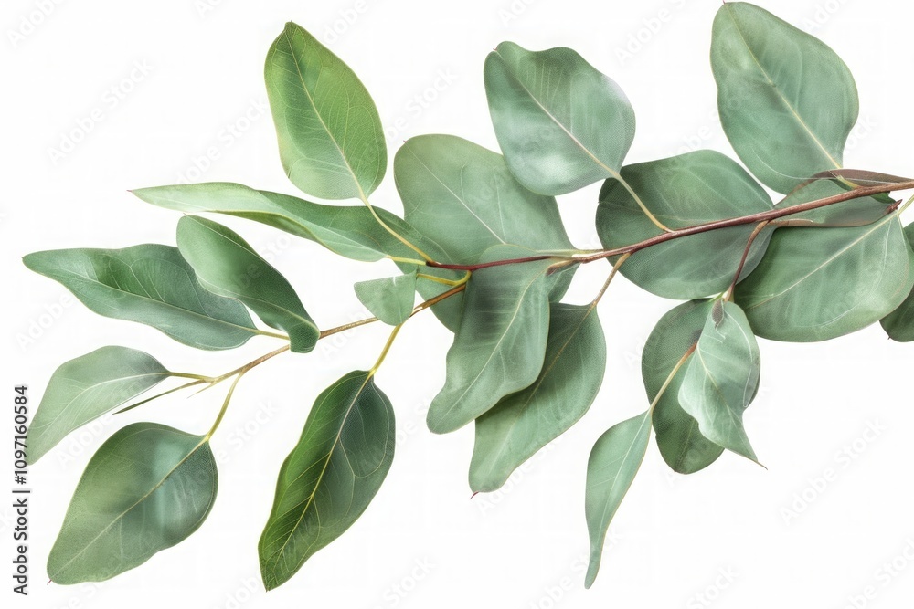 Eucalyptus branches with green leaves and buds in a botanical watercolor style. Detailed botanical illustration for design and print.  Ayurveda, ayurvedic herbs, Generative AI