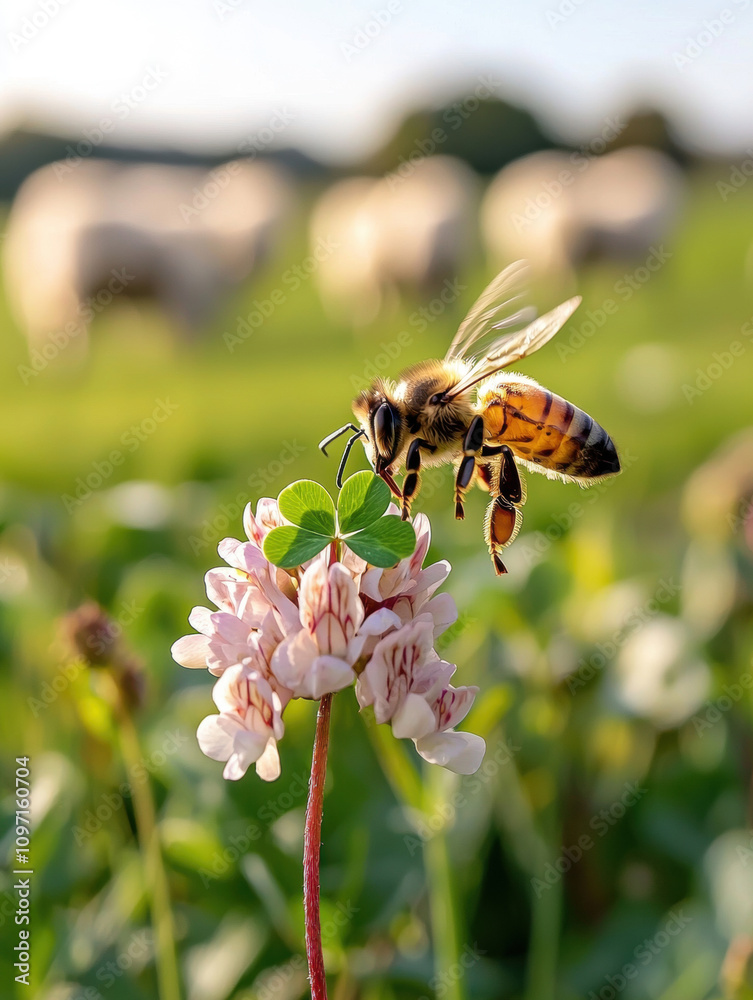 Fototapeta premium A honeybee collecting nectar from a clover flower in a sunlit meadow with sheep grazing in the background.
