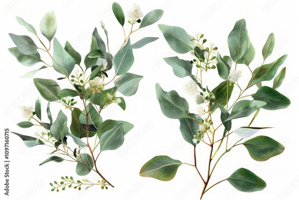 Eucalyptus branch with green leaves and yellow buds in botanical watercolor style. Detailed realistic illustration for design and print. Ayurveda, ayurvedic herbs, Generative AI Eucalyptus branch with green leaves and yellow buds in botanical watercolor style. Detailed realistic illustration for design and print. Ayurveda, ayurvedic herbs, Generative AI