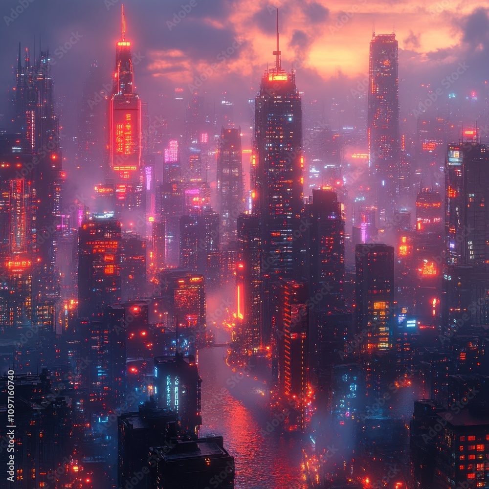 Fototapeta premium A vibrant city skyline at dusk, illuminated by colorful lights and reflections on water.