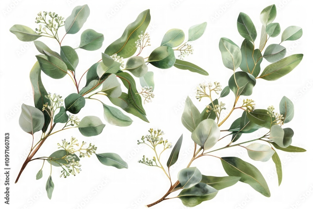 Eucalyptus branches with green leaves and white seed pods isolated on a white background. Watercolor botanical illustration for design and print. Ayurveda, ayurvedic herbs, Generative AI Eucalyptus branches with green leaves and white seed pods isolated on a white background. Watercolor botanical illustration for design and print. Ayurveda, ayurvedic herbs, Generative AI