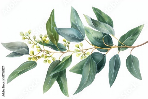 Eucalyptus branch with green leaves and yellow buds in botanical watercolor style. Detailed realistic illustration for design and print. Ayurveda, ayurvedic herbs, Generative AI