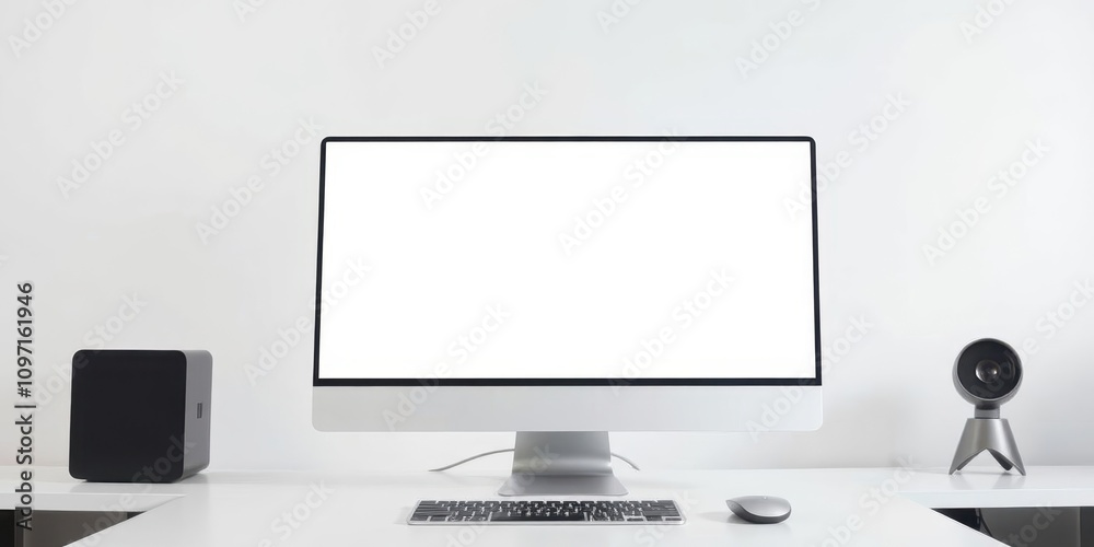 Fototapeta premium Modern slim computer with sleek design, isolated on white background, keyboard, screen