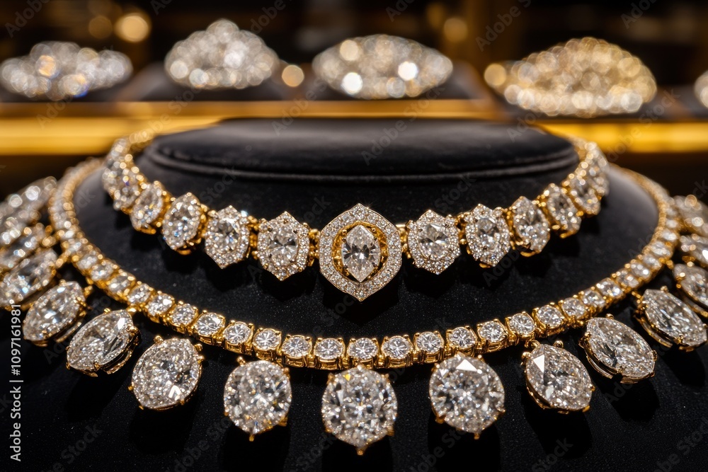 A close-up of an elegant diamond necklace displayed in a jewelry showcase. A close-up of an elegant diamond necklace displayed in a jewelry showcase.