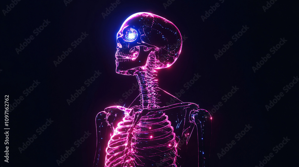 Enchanting pink and blue skeleton gazes in awe against a mysterious backdrop, setting the stage for healthcare or halloween designs Enchanting pink and blue skeleton gazes in awe against a mysterious backdrop, setting the stage for healthcare or halloween designs