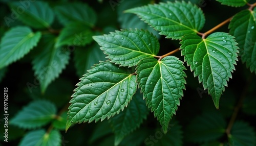 Close-up vibrant green leaf. Foliage texture. Waterdrops on leaves. Natural botanical background. Rich deep hue. Fresh organic plant. Serene nature scene. Tranquil environment. Cool color palette.