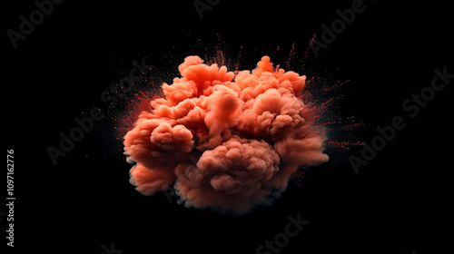 Vibrant red particles exploding and forming a stunning colorful cloud against a black backdrop, ideal for designs featuring explosions, energy, and vibrant colors