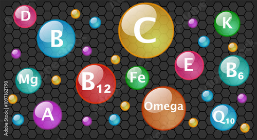 Vitamins, minerals, colored multivitamins, transparent bright bubbles, A, B, C, D, E, K, omega, q10. Transparency spheres, supplements food. Dark back. Vector illustration