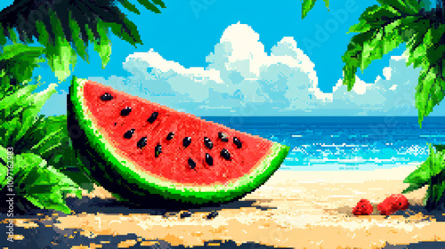 Pixel-style watermelon slice on a beach